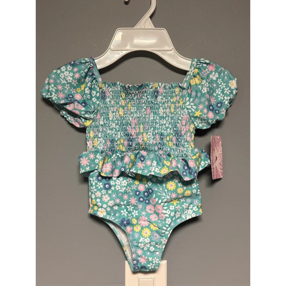 Tommy Bahama Kids Floral Smocked One Piece Swimsuit‎ Teal Puff Sleeve 18M NEW